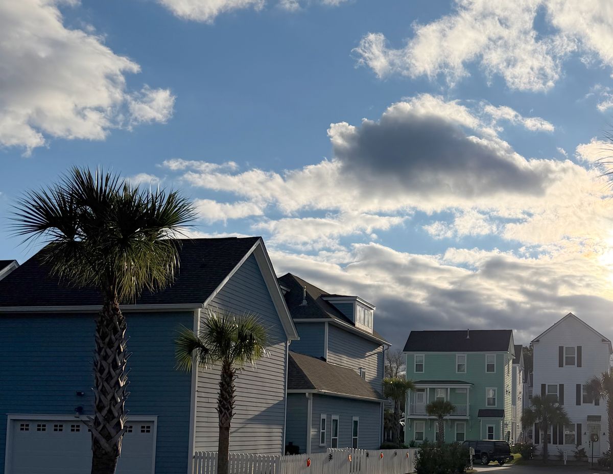 A street of new homes in Hanahan, late in the day