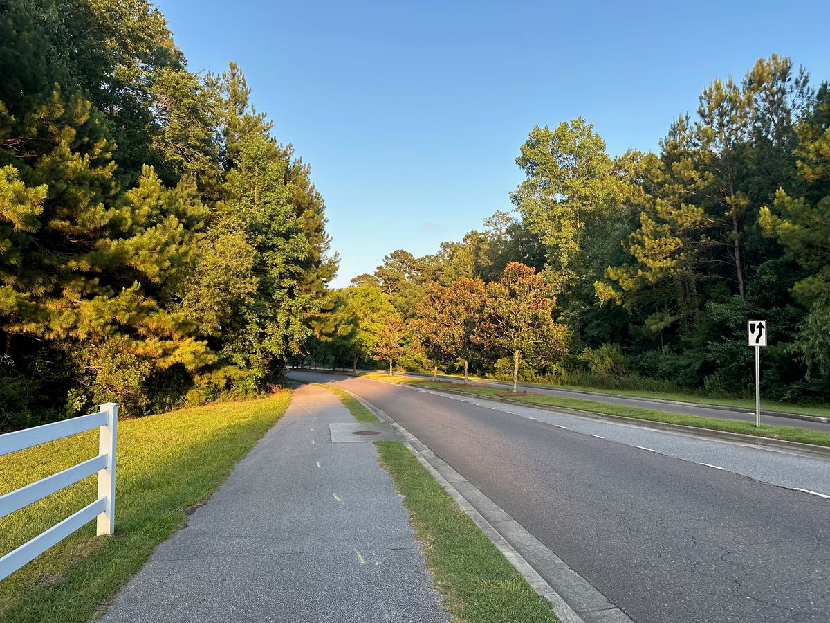 A road in Hanahan with a path beside it, under pines